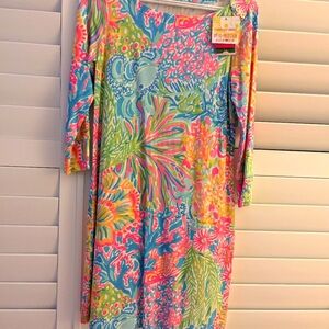 NWT Lilly Pulitzer, UPF50+Protection, Gold Shoulder Button Dress, Size Small